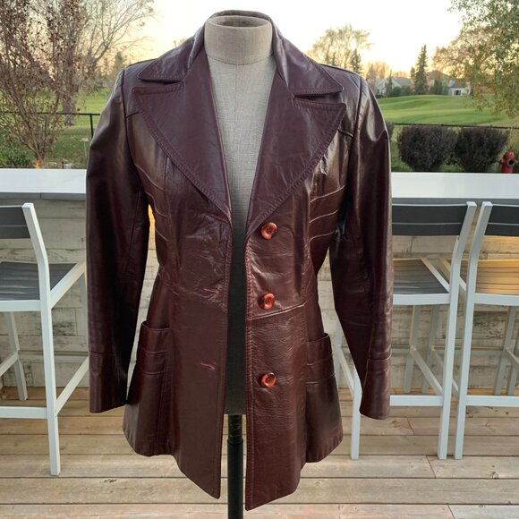 Vintage 70s Sears Burgundy Leather Quilt Lined Belted Blazer Jacket Trench Coat - Picture 2 of 16